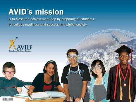 Students standing in front of the earth. Text reads: "Avid's Mission is to close the achievement gap by preparing all students for college readiness and success in a global society"